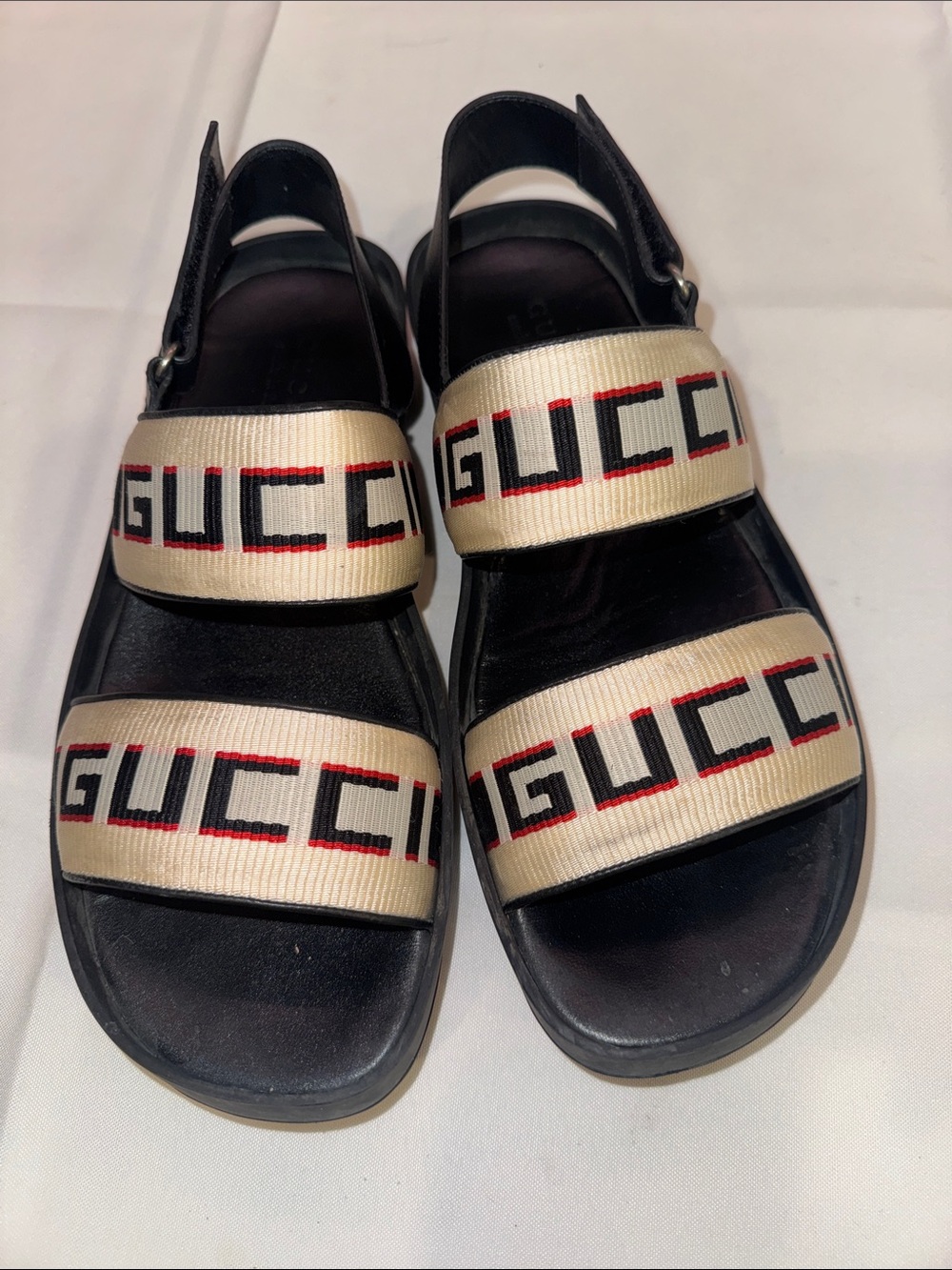 Gucci Kids Black Sandals with Ivory Logo Straps and Red Accent